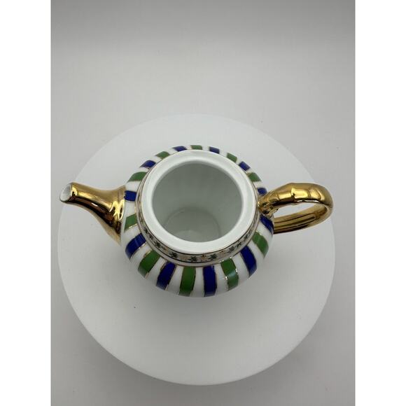 Mini Enameled Porcelain Teapot 3 inch Green/Blue Stripes Gilt Stamped Qingfa - Picture 8 of 10
